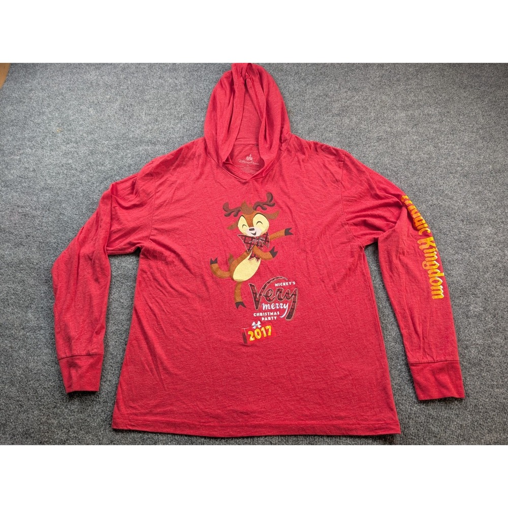 Disney Parks 2017 Mickeys Very Merry Christmas Party Red Hoodie Shirt XL Reindee